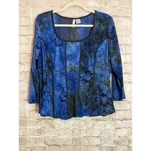 Vintage Y2K Sami Jo Top Womens XL Black & Blue Tie Dye Florals Velvet Trim